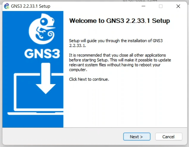 Starting GNS3 installation