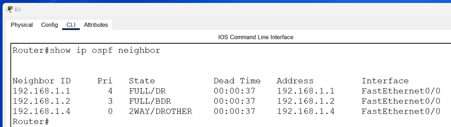 The show ip ospf neighbor command on R3
