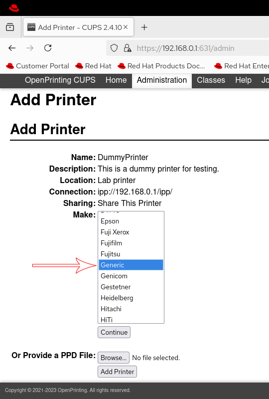 Adding a Generic printer for testing