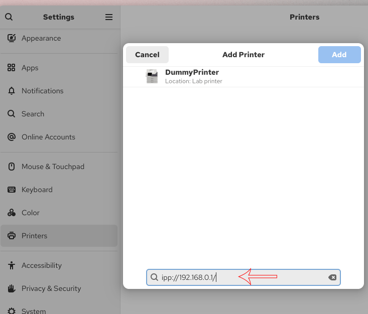 Searching the printer in the setting