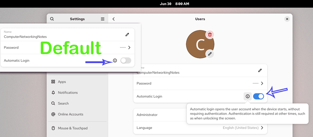 Enabling automatic log in