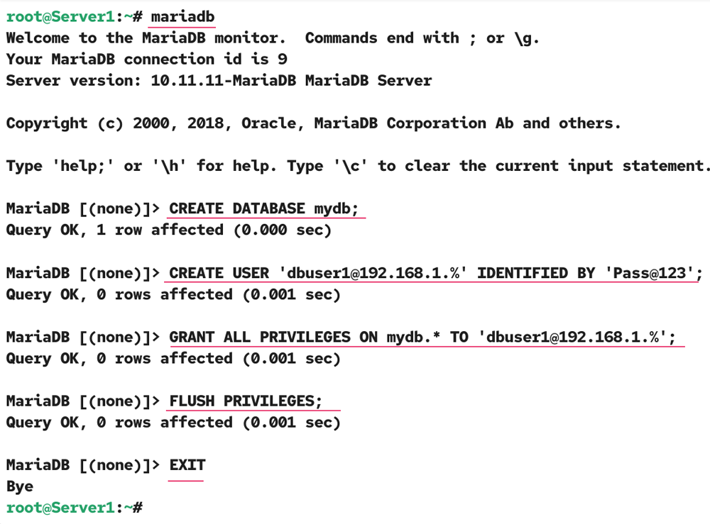 Creating a database and database user
