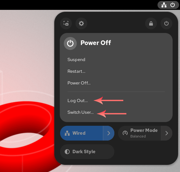 The defualt logout and switch user options