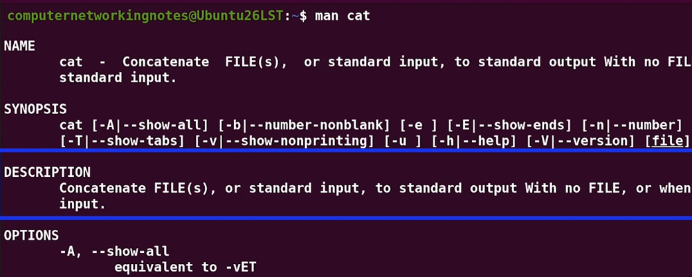 manual pages of the cat command